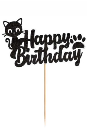 Topper na ciasto, tort Happy Birthday Kotek, błyszczący