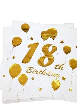Serwetki Happy Birthday 18 biało złote 10szt