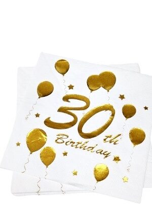 Serwetki Happy Birthday 30 biało złote 10szt