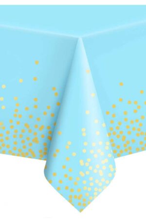 Obrus foliowy niebieski w złote kropki konfetti 137x274 cm