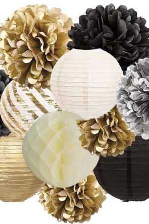 Girlanda dekoracyjna pompony rozety złoto czarny 11szt