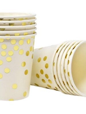 Kubeczki papierowe białe w złote kropki 6szt