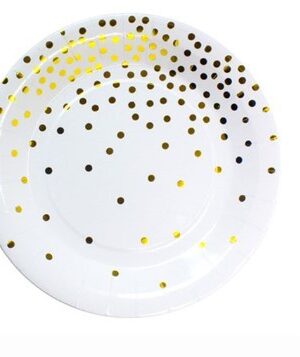 Talerzyki papierowe białe w złote kropki 7cali 6szt