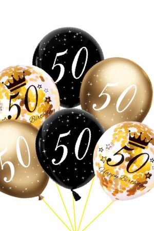 Balon lateksowy z konfetti, złoty, czarny 50 urodziny- 6szt