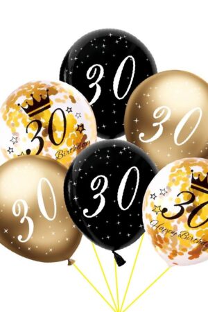 Balon lateksowy z konfetti, złoty, czarny 30 urodziny- 6szt