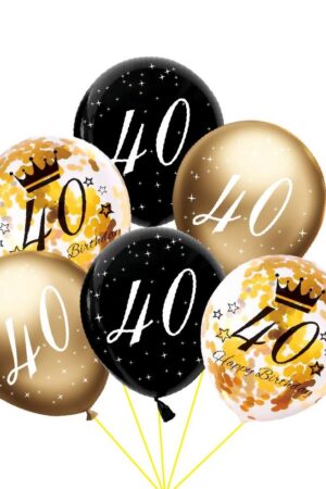 Balon lateksowy z konfetti, złoty, czarny 40 urodziny- 6szt