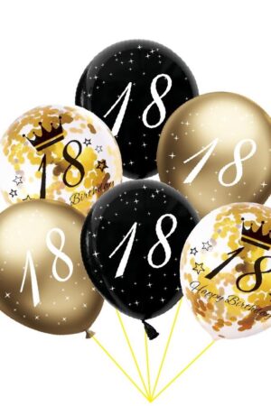 Balon lateksowy z konfetti, złoty, czarny 18 urodziny- 6szt