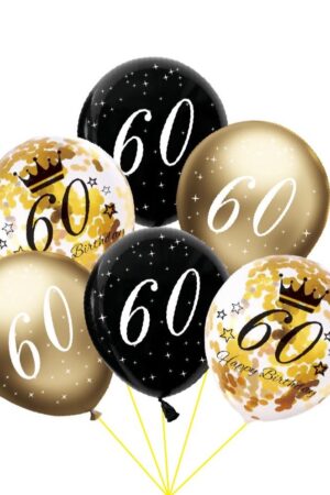 Balon lateksowy z konfetti, złoty, czarny 60 urodziny- 6szt