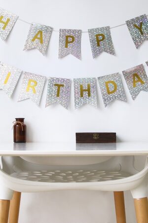 Baner srebrny Happy Birthday , srebrny holograficzny