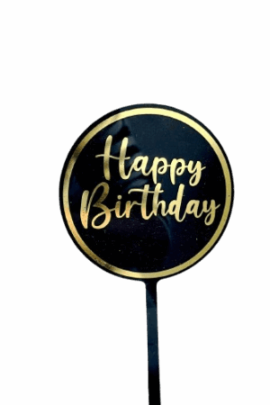 Topper na tort Happy Birthday okrągły czarno złoty