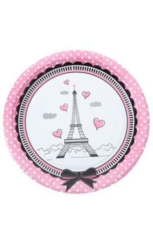 Talerzyki papierowe Paryż różowe 9cali, 6szt
