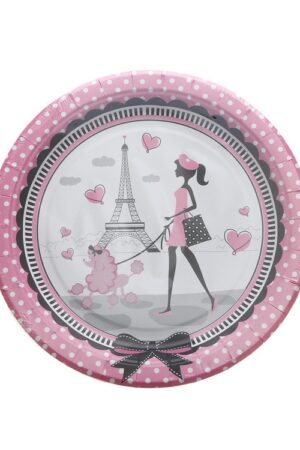 Talerzyki papierowe Paryż różowe 7cali, 6szt