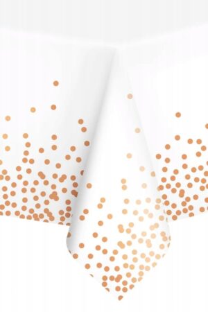 Obrus foliowy biały w rose gold kropki konfetti 137x274 cm