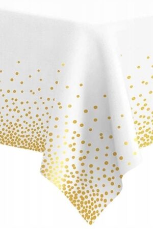 Obrus foliowy biały w złote kropki konfetti 137x274 cm