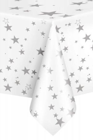 Obrus foliowy biały w srebrne gwiazdki 137x274 cm
