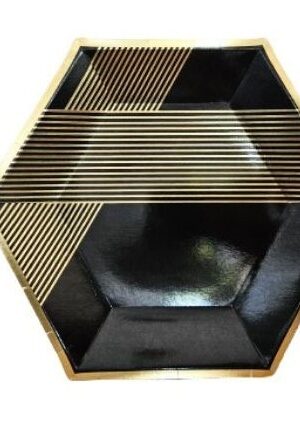 Talerzyki papierowe czarne w złote paski 7cali 6szt