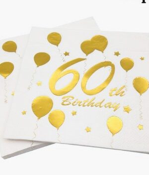 Serwetki Happy Birthday 60 biało złote 10szt