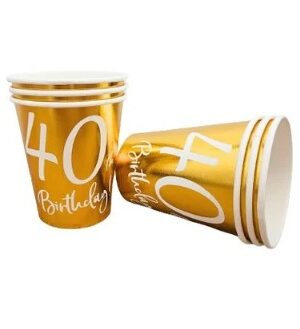 Kubeczki papierowe złote, na 40 urodziny, 6szt