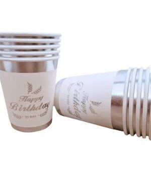 Kubeczki papierowe srebrne Happy Birthday 10szt