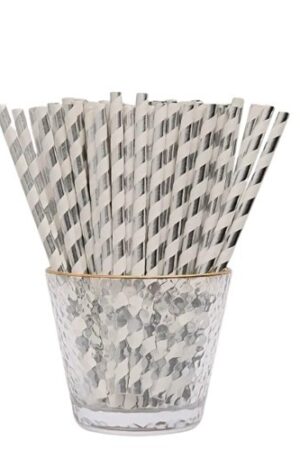 Słomki białe w srebrne paski  25szt