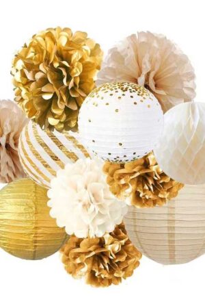 Girlanda dekoracyjna pompony rozety biało złoty 11szt