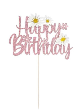 Topper na ciasto, tort Happy Birthday stokrotki, błyszczący
