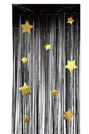 Kurtyna imprezowa paskowa czarna + gwiazdki złote 100x200cm