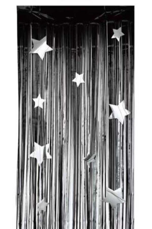 Kurtyna imprezowa paskowa czarna + gwiazdki srebrne 100x200cm