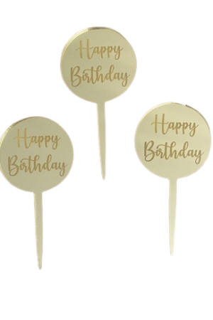 Topper na tort Happy Birthday okrągły złoty 5szt