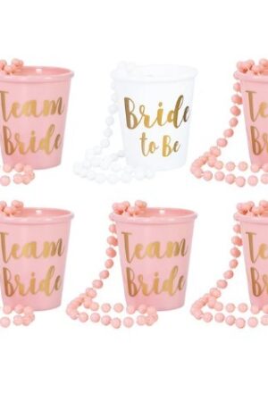 Kubeczki Bride To Be , Team Bride 6szt + łańcuszki jasny różowy