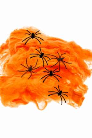Pajęczyna Halloween pomarańczowa 60g, 6 pajaków girlanda