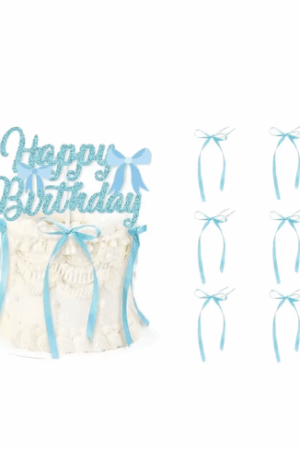 Topper na tort kokardka niebieska, ozdoba na tort balony 10szt