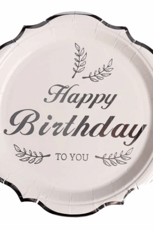 Talerzyki papierowe srebrne Happy Birthday ,10szt